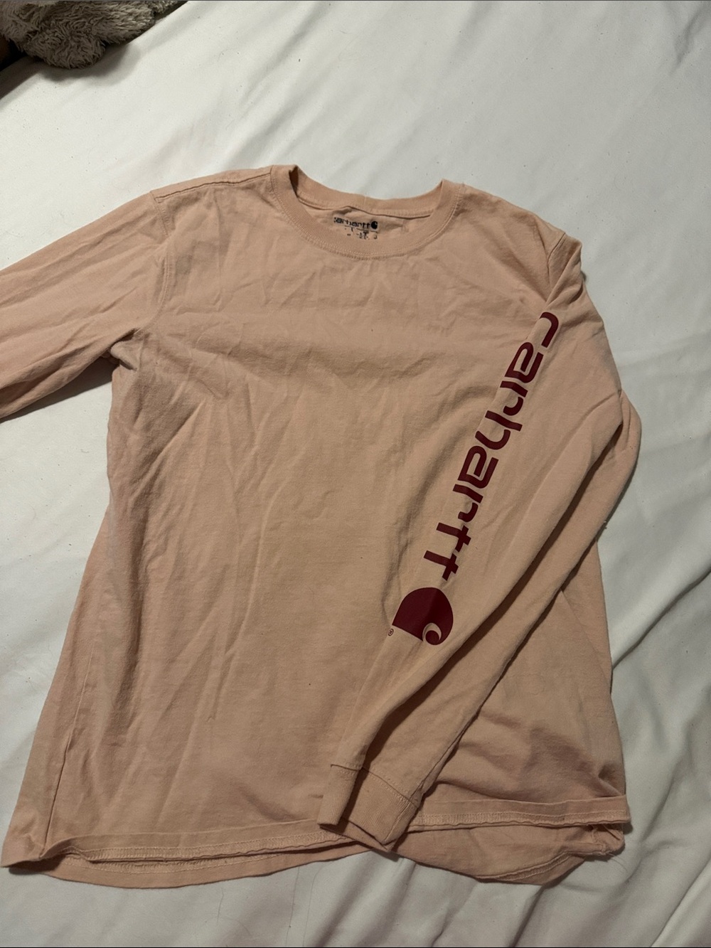 Carhartt Long Sleeve Tee in Pale Pink with Maroon Sleeve Logo
